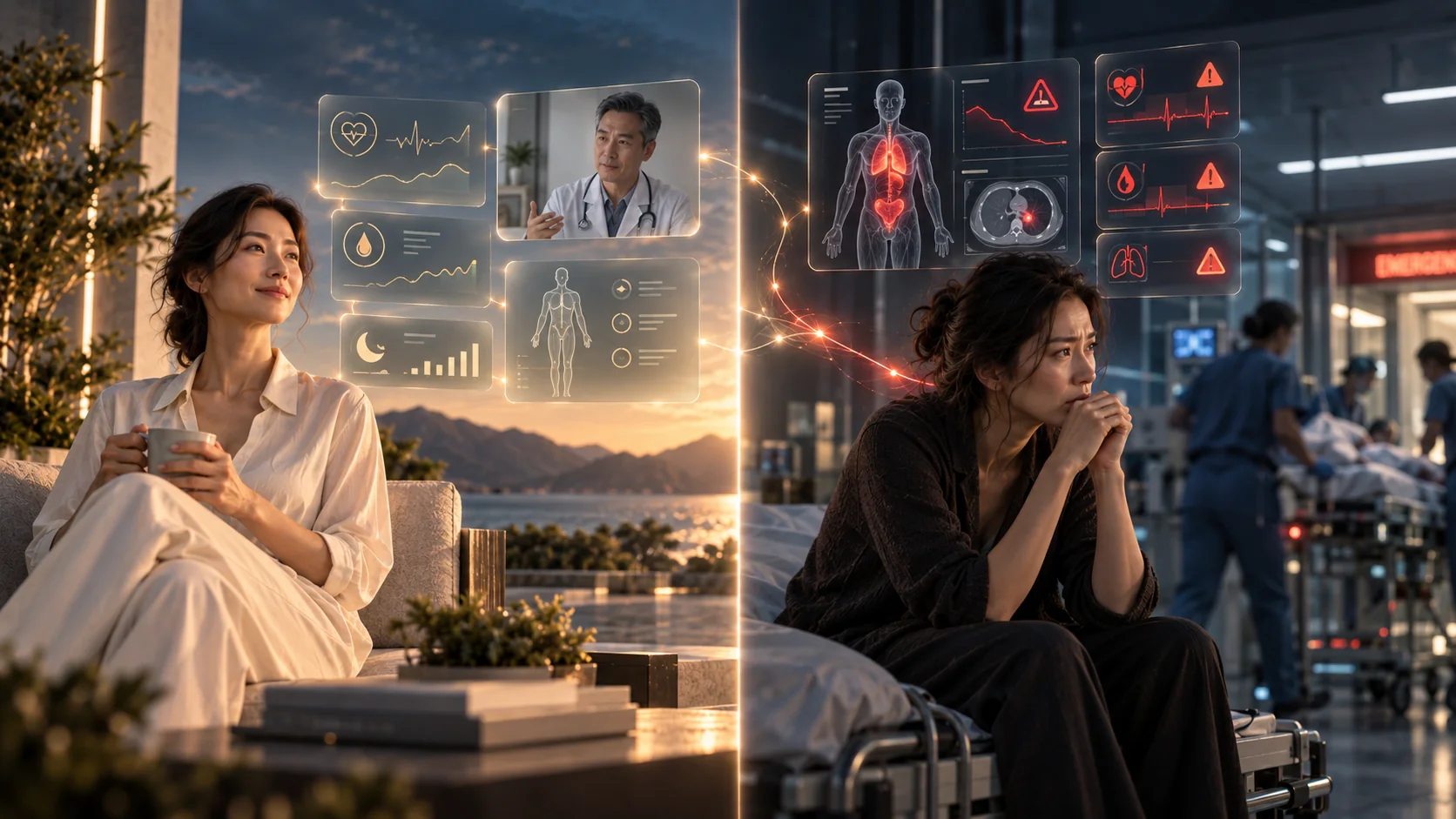 Asian woman shown in a calm preventive monitoring setting contrasted with a more urgent hospital setting.